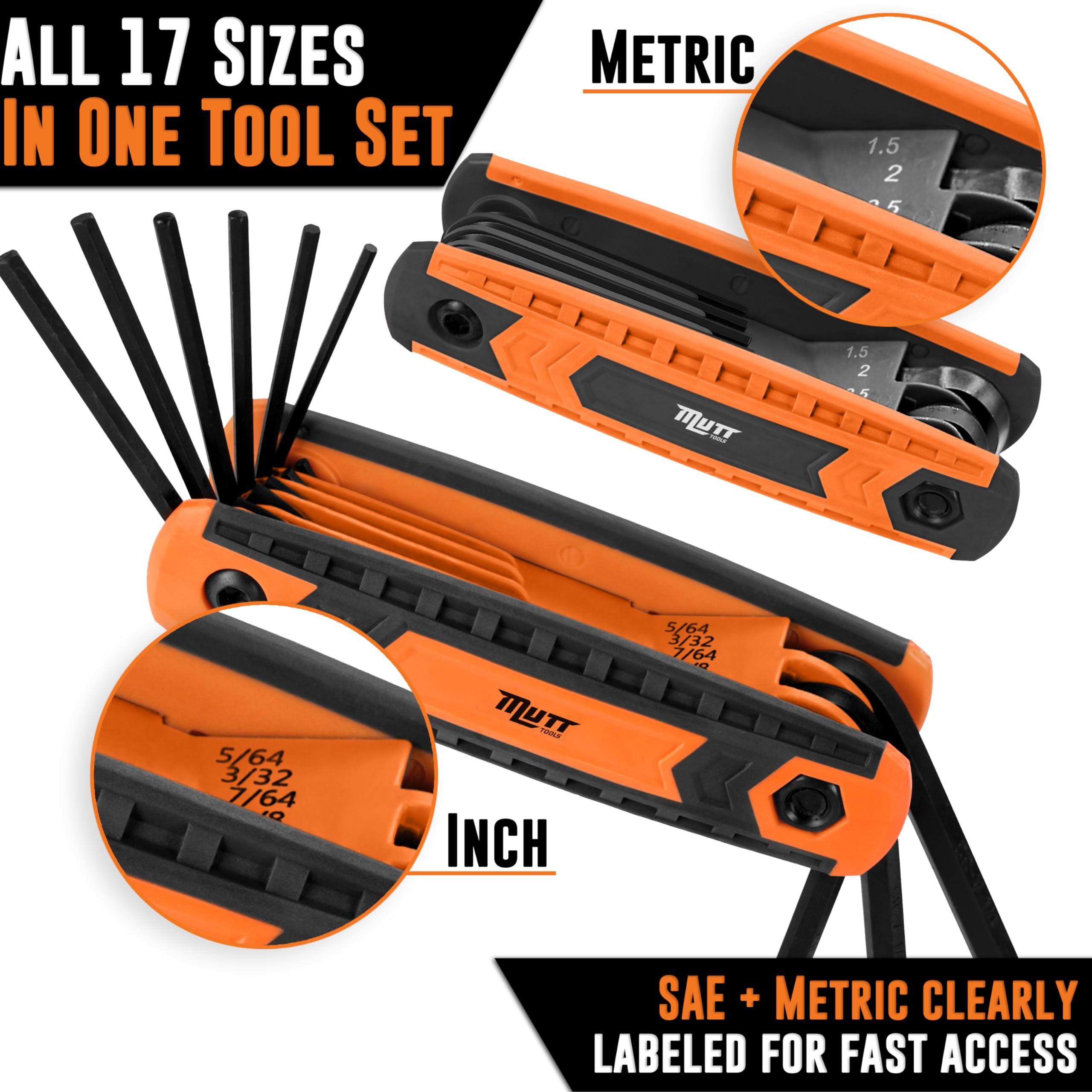 Mutt Tools 17pc Folding Allen Key Set - SAE & Metric Hex Wrench